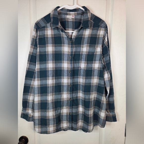 SO Tops - So Womens Soft Plaid Flannel-Style Shirt Cotton XL Green Plaid Button up Outdoor